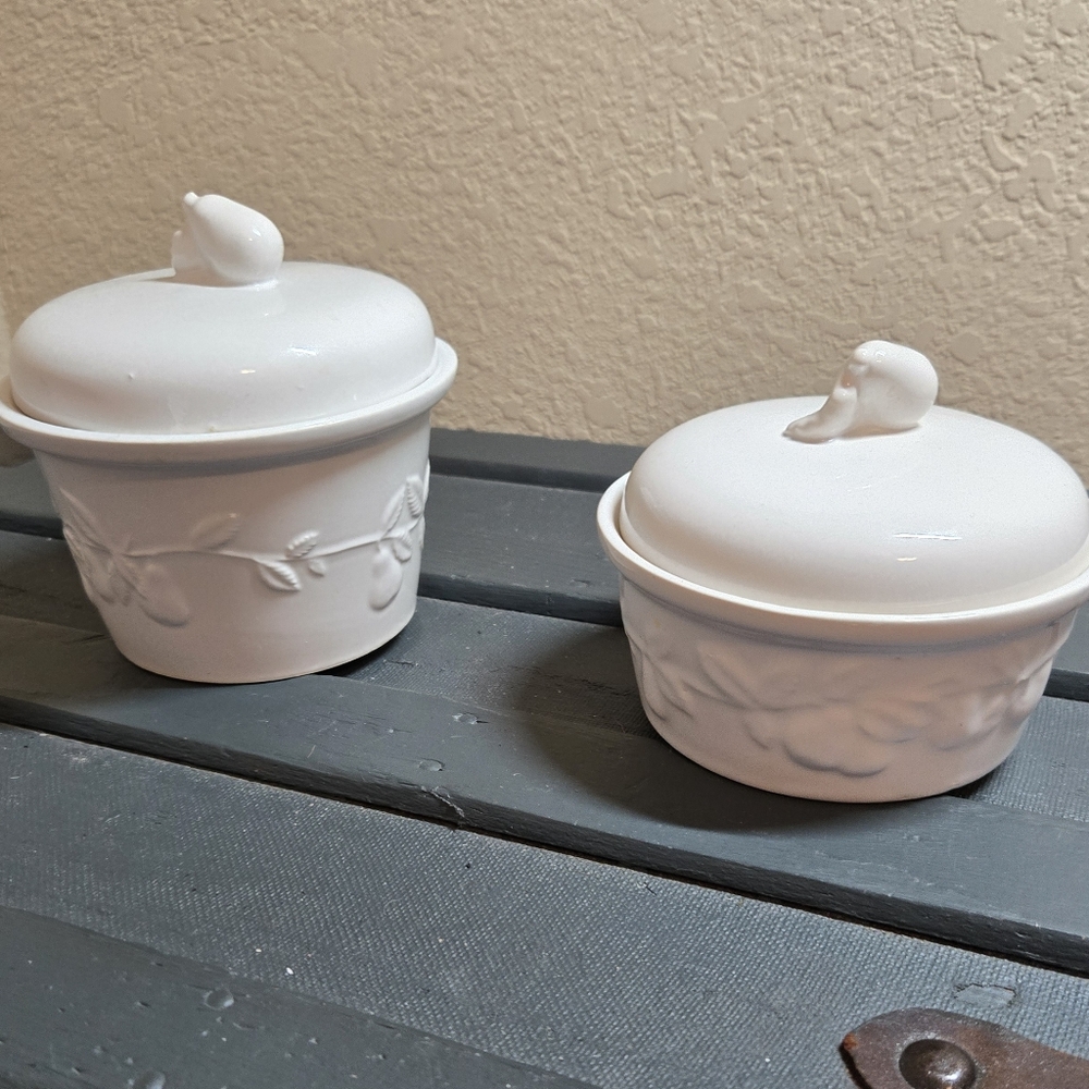 Vintage Ceramic Small Crocks With Pear Decor Large Is a Bandwagon Small Unmarked